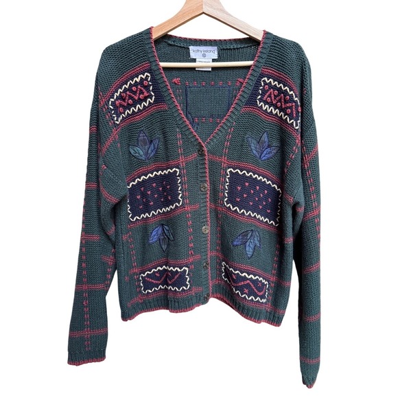 VTG Kathy Ireland Plaid Patch Sweater Cardigan L Embroidered Leaf Heritage - Picture 2 of 12